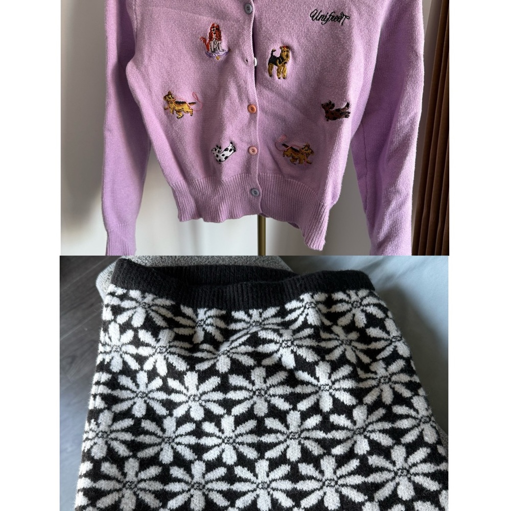 TACH Black and White Patterned Floral Wool Skirt and Purple Sweater (2 Pack)